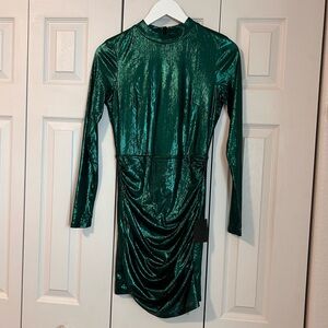 NWT Lulus Green Shimmery Long Sleeve Monk Neck Dress Nee Years Eve Christmas